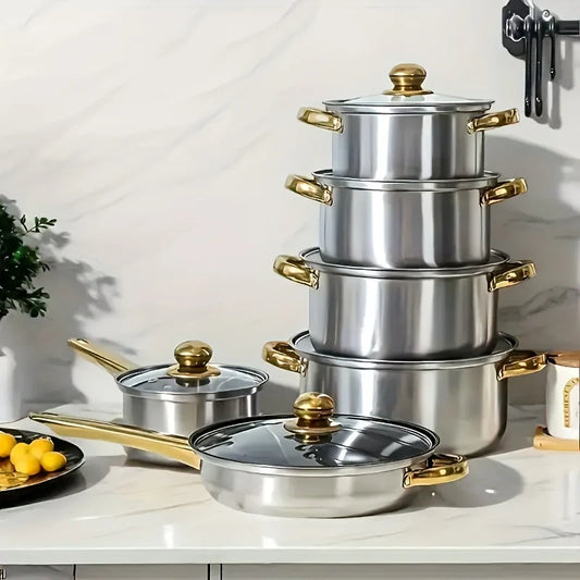 Set Pentole 12 Pezzi in Acciaio Inox - Antiaderenti, Manico Freddo | Casseruole e Padelle